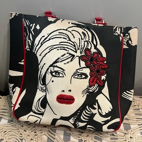 Illustration Artsy Tote Black And White with red Sequins!