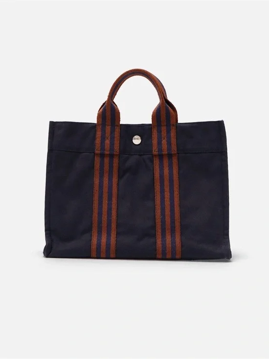Hermes 2000s MM Fourre Tout Canvas Tote Bag with Striped Handles - Navy & Brown