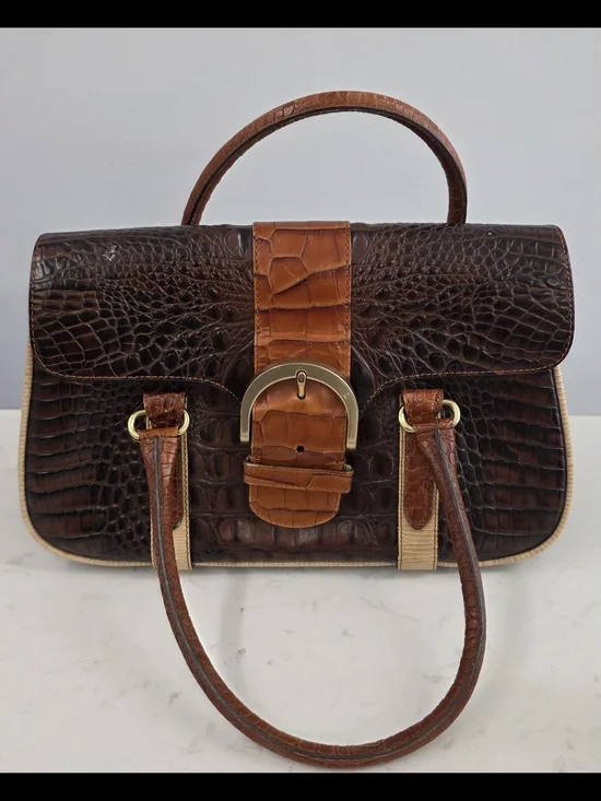 Brahmin Croc-Embossed Leather Satchel in Dark Brown and Tan