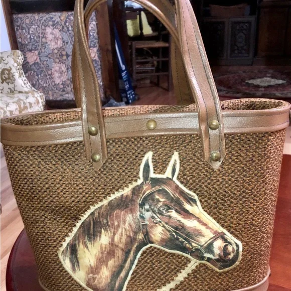 Woven vintage hardbody Brown bucket Tote Bag with Horse Motif