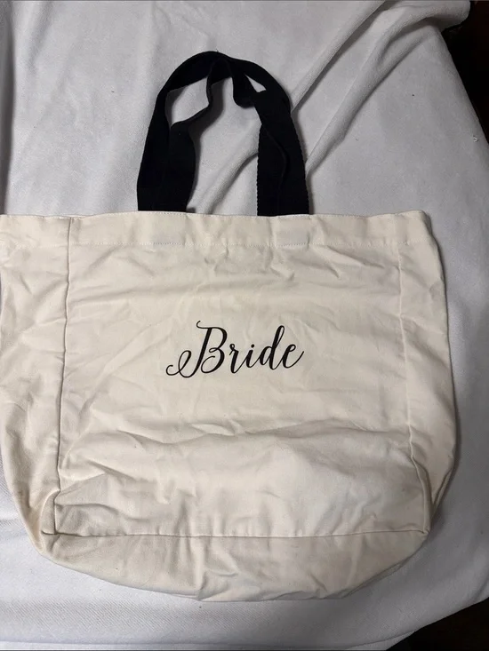 Bride Canvas Tote Bag in Cream with Black Handles