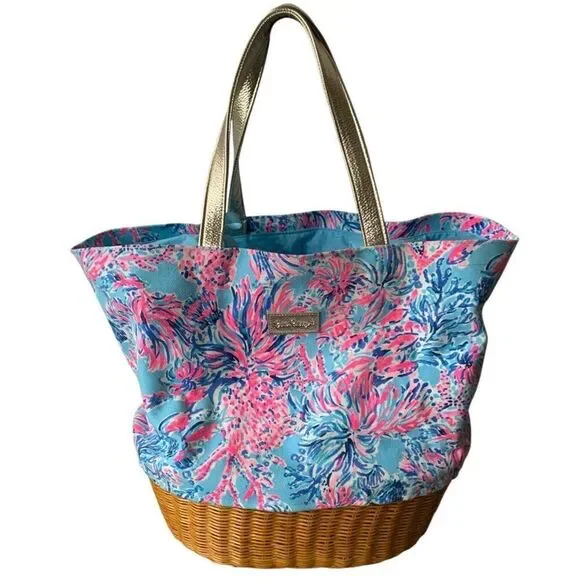 NEW NWOT Lilly Pulitzer SEEK & SEA Drawstring WICKER TOTE BAG beach pool