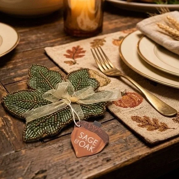 Sage & Oak Beaded Leaf Coasters Set of 4 Green Gold Autumn Fall Harvest Decor