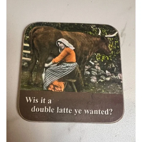 Vintage Style Cow Milkmaid Double Latte Humorous Drink Coaster Brown 3.75‎ Inch