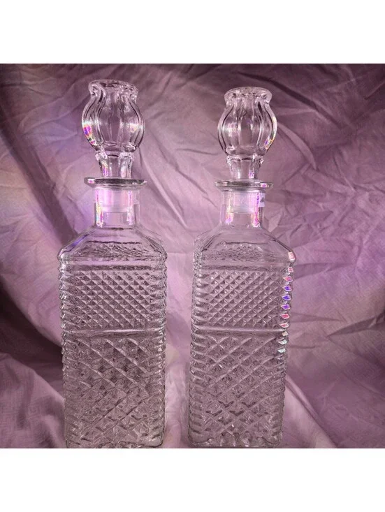 MCM Glass Decanters with Stoppers. Design Is Waffle and Diamond Design Set of 2