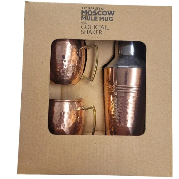 3 PC Moscow Mule Mug and Cocktail Shaker Bar Set‎ Hammered Copper BI-70521-D NEW