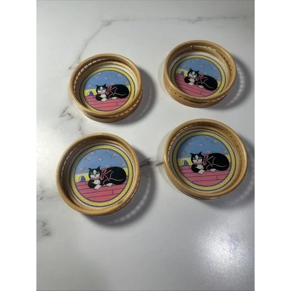 Bamboo Wicker‎ Coasters Cat Theme Plastic Bottom - set of 4