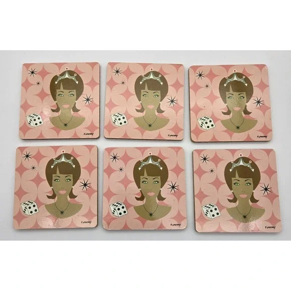 Retro Atomic Lounge C Quintero Signed 6pc Coaster Set‎ Mid Century Dice Girl Bar