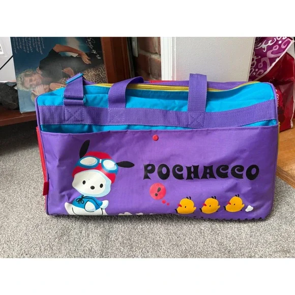 Vintage 1999 Sanrio Pochacco Duffle Bag Purple Teal Yellow Large Travel Gym Bag