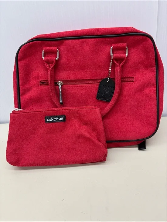 Lancome Red Suede Cosmetics Tote with Black Trim