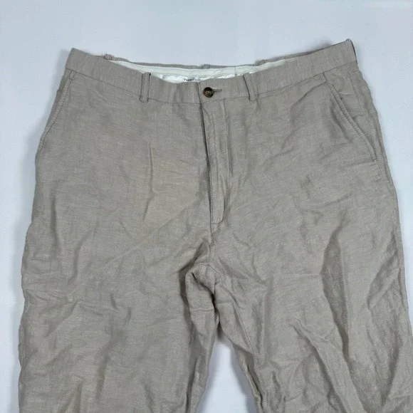 Perry Ellis Mens 36/30 Linen Cotton Herringbone Dress Pants Beige Tan Slacks