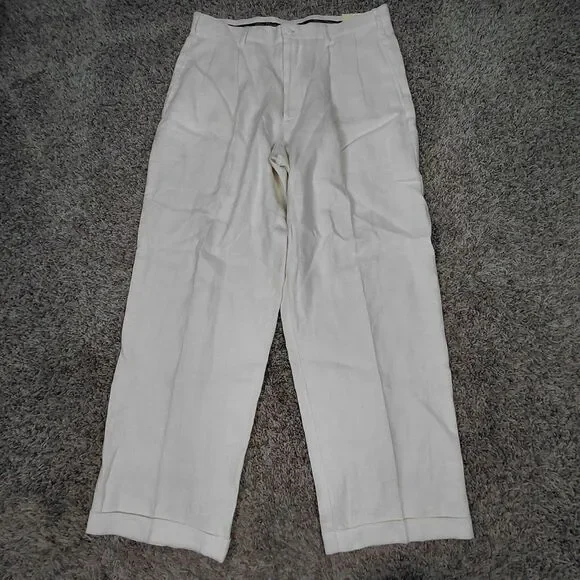 Alan Flusser 100% Linen Pants Mens 36x30 White Pleated Cuffed Trousers