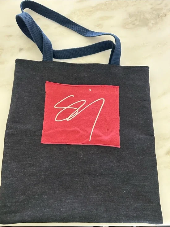 Canvas Tote Bag with Red Patch and Navy Straps