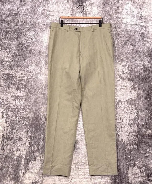 Proper Cloth Pants 36 x 34 Mens Italian Cotton Linen Canvas Green Slim Trouser