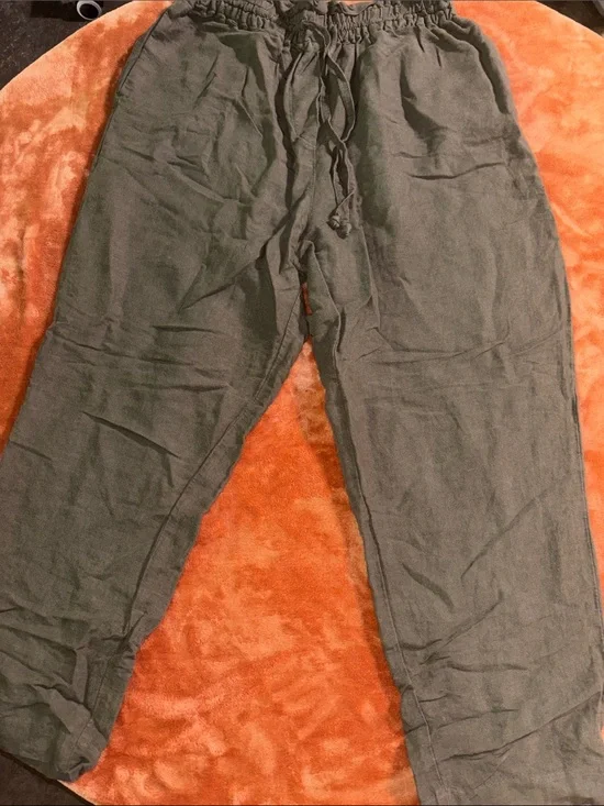 H&M Olive Drawstring Linen-Blend Joggers