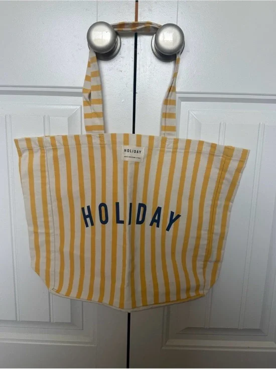 Sezane Yellow and White Striped Canvas Tote with Navy Logo