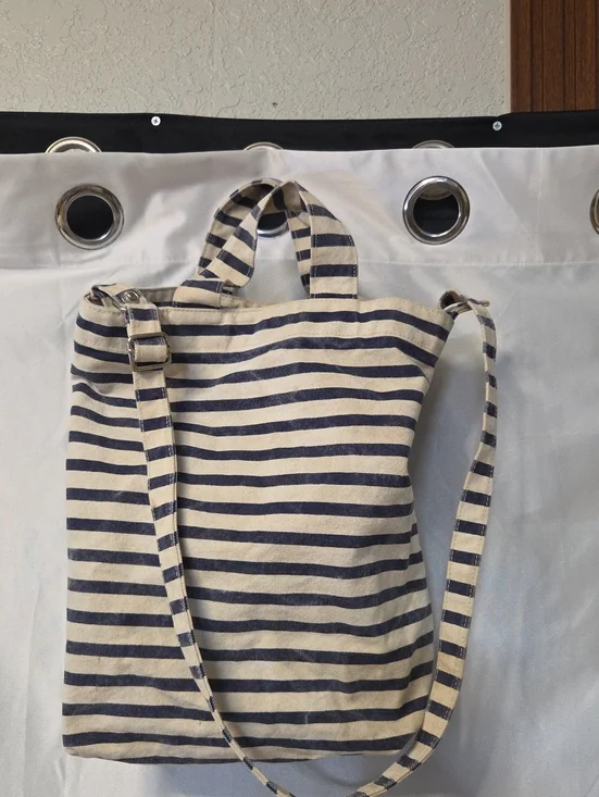 BAGGU Striped Canvas Tote in Navy and Cream