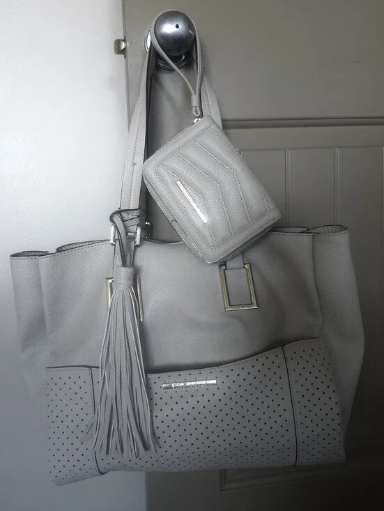 Steve Madden Light Beige Perforated Tote with Tassel and Detachable Pouch