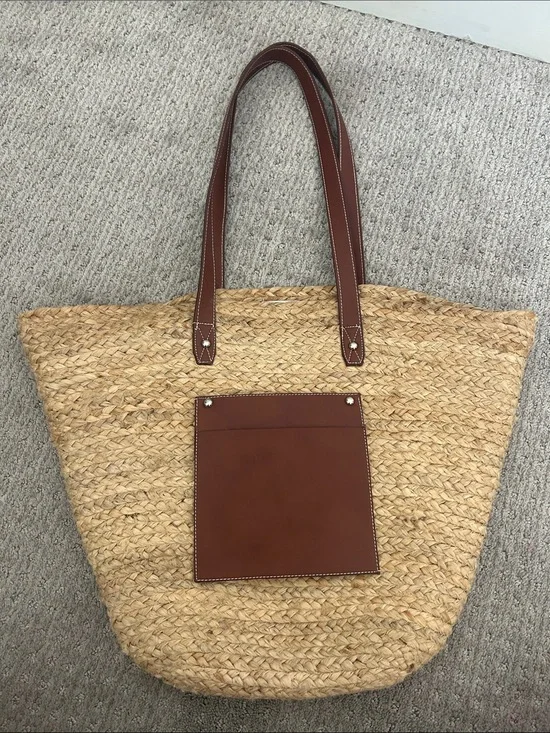Haute Hippie Tan Straw Tote with Brown Leather Trim
