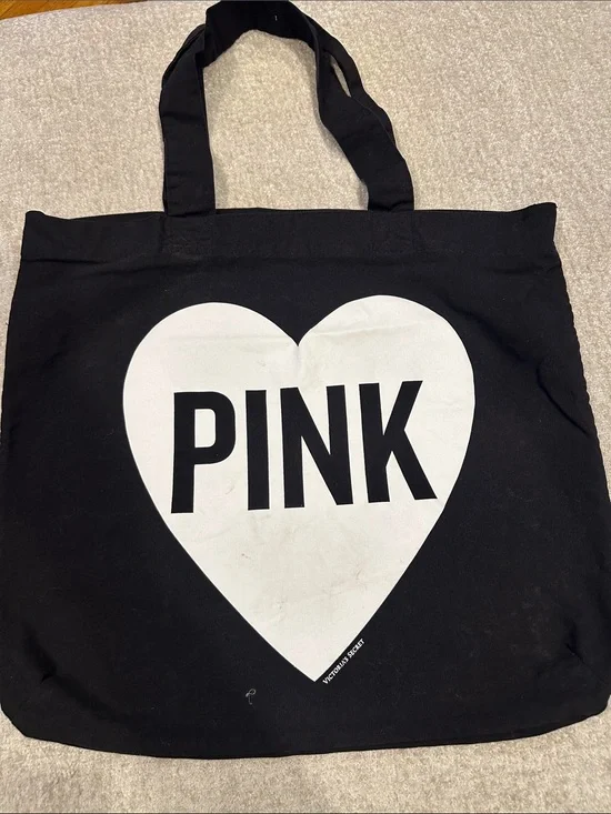 PINK Victoria's Secret Black Canvas Tote with White Heart Graphic