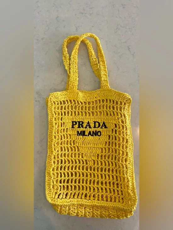 Yellow Raffia Tote with Black Logo Print