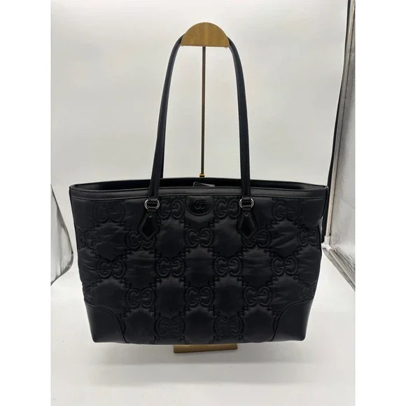 Gucci GG Matelasse Large Tote Bag Women's Black Quilted Leather Nylon 702252