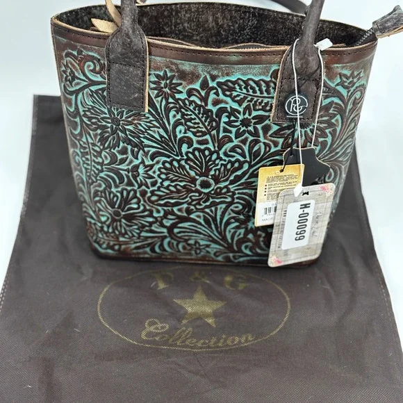 P&G Collection Tote Bag Womens Small Brown Turquoise Western Floral Cowgirl New