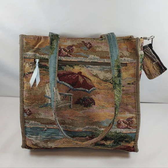 Jade Vintage Multicolor Coastal Beach Scene Tapestry Tote E/ Coin Purse