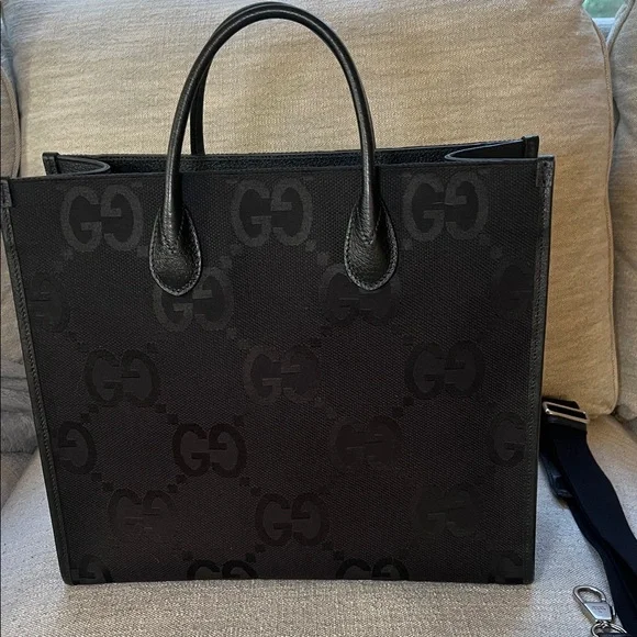 Gucci Black GG Jacquard Tote with Leather Handles
