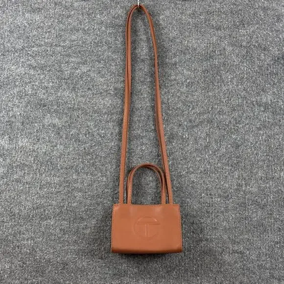 Telfar Small Shopping Bag in Tan Vegan Leather Crossbody Faux Leather Logo Purse
