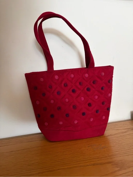 Red Quilted Velvet Pom Pom Dot Tote Bag - Y2K Bath & Body Works