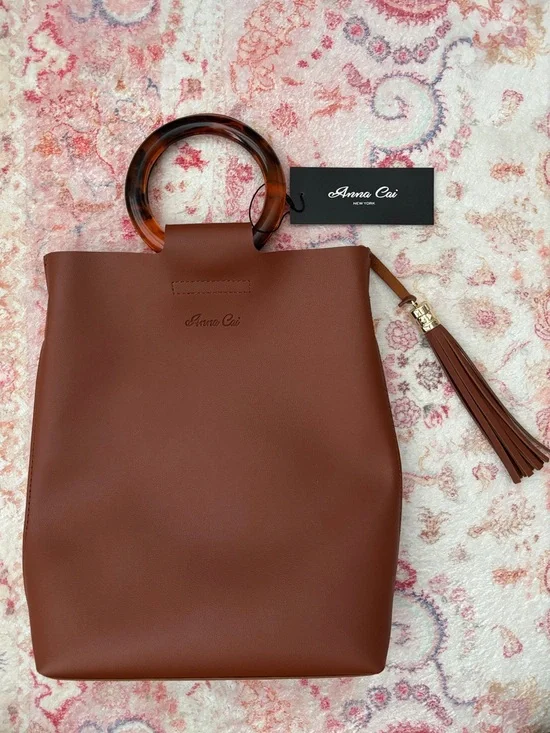 Anna Cai Chestnut Faux Leather Tote with Tortoiseshell Handles
