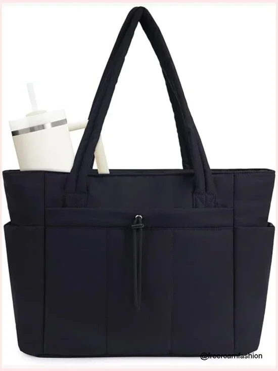 Puffer Tote Bag with Laptop Compartment & Cup Holder