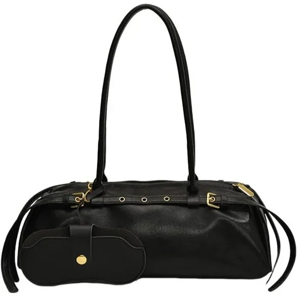 Wome'ns Black PU Leather Tote Bag Casual Bowling Bag Purse Retro Underarm