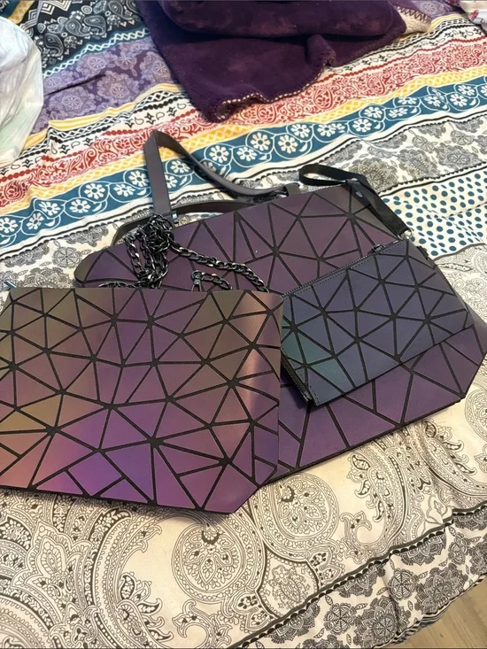 Iridescent Purple Geometric Tote, small bag and Wristlet Set