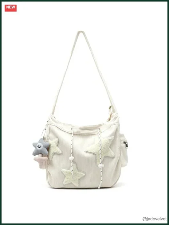 Corduroy Tote Bag with Star Design Crossbody Shoulder Messenger Work Tote Laptop