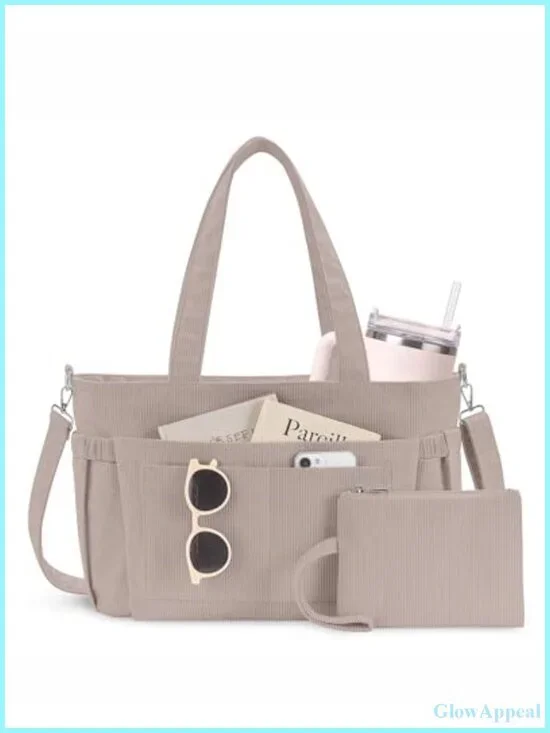 Corduroy Tote Bag with 9 Pockets & 40oz Cup Holder, Laptop Work Purse for
