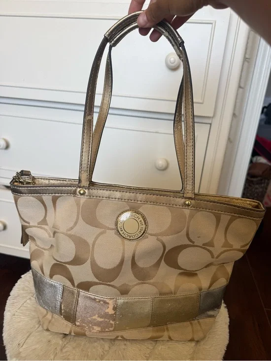 Coach Vintage Signature Metallic Patchwork Tote in Gold and Beige