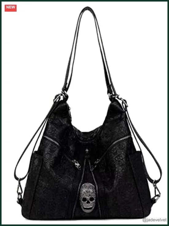 PU Leather Skull Print Tote Satchel Shoulder Crossbody Bag Gothic Backpack