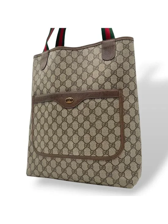 Gucci Tote Handle Vintage Sherry Line GG Plus Leather Gray Judah Brown Gold
