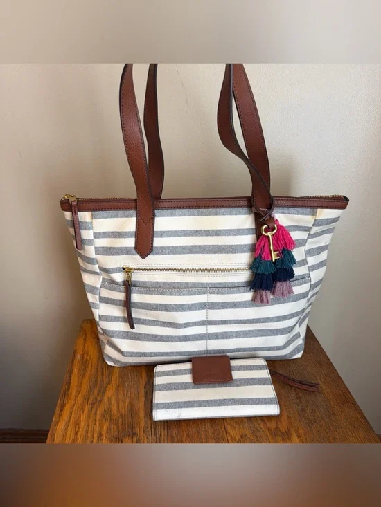 Fossil Fiona Shopper Tote Striped Coated Canvas Shoulder Bag Matching Wallet