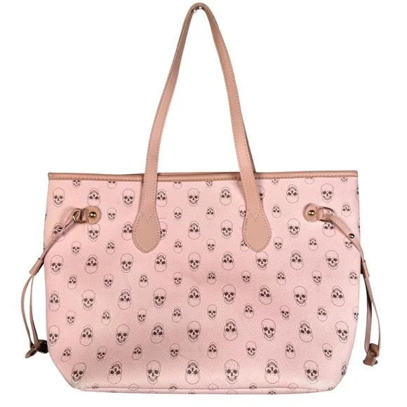Pink Skull Tote Bag Womens OS Faux Leather Goth Punk Pastel Graphic Shoulder