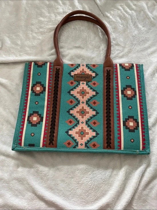 Wrangler Teal Aztec Tote with Brown Leather Handles