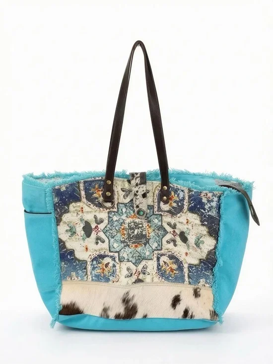 Myra Bag Turquoise Patterned Tote Bag with Calf Hair Accent