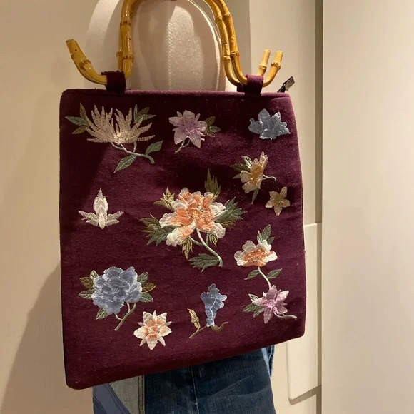 Embroidered Floral Tote with Bamboo Handles - Plum