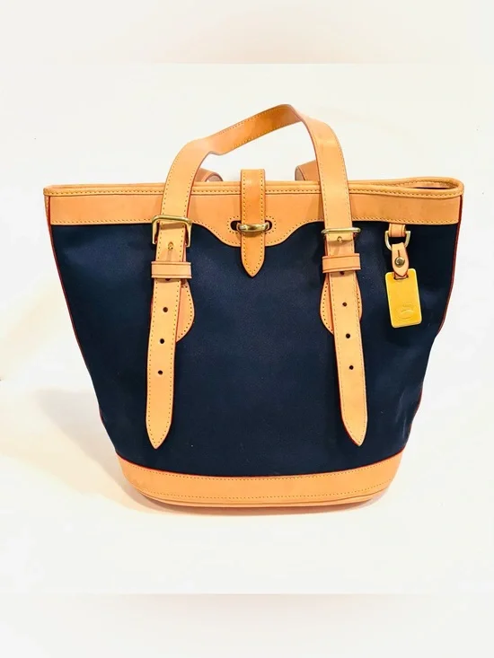 Dooney & Bourke Navy Canvas Cabriolet Bucket Bag Tote Tan Leather Trim