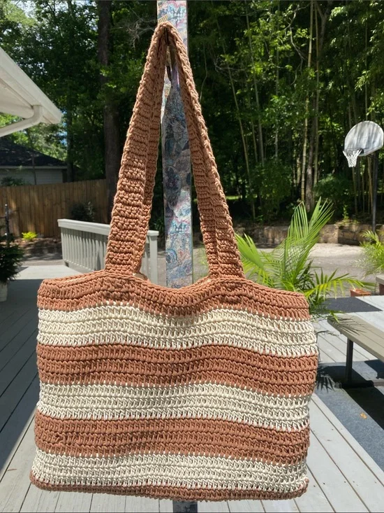 a new day Brown & Cream Striped Crochet Tote