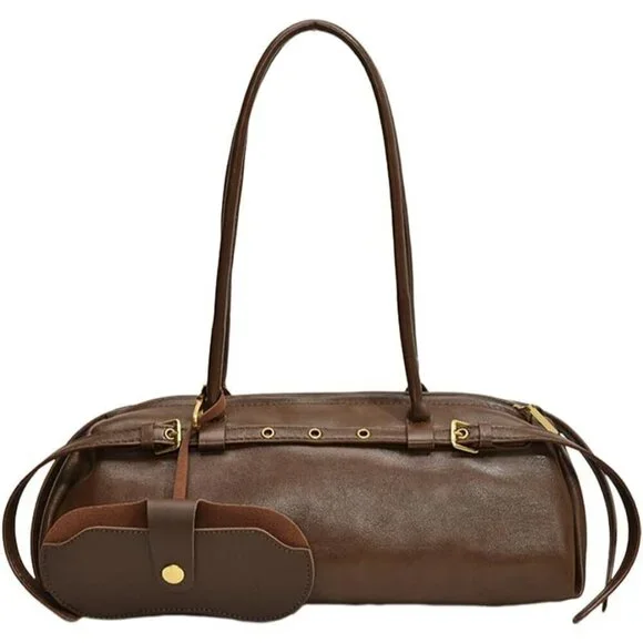Wome'ns Brown PU Leather Tote Bag Casual Bowling Bag Purse Retro Underarm