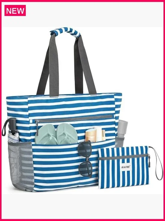 Large Waterproof Beach Tote Foldable Travel Bag with Pockets