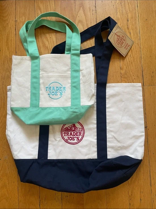 2 New Trader Joe’s Tote Bags Mini & Large   Navy Teal small bag light blue Lot